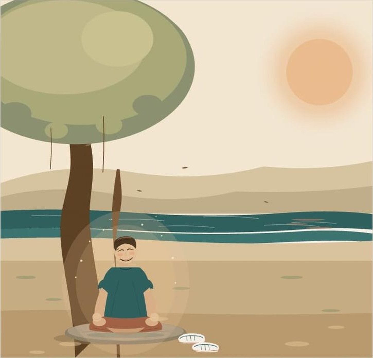 A person sitting calmly under a tree on a quiet beach.